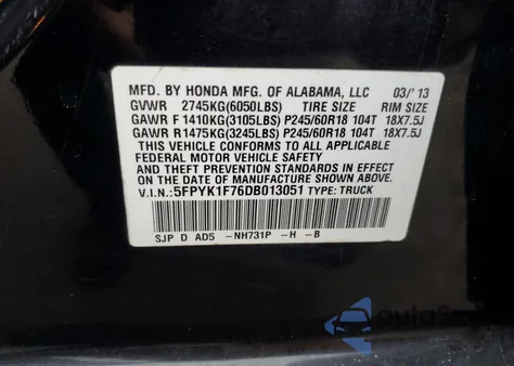 2013 Honda Ridgeline Sport from USA, damaged, VIN 5FPYK1F76DB013051